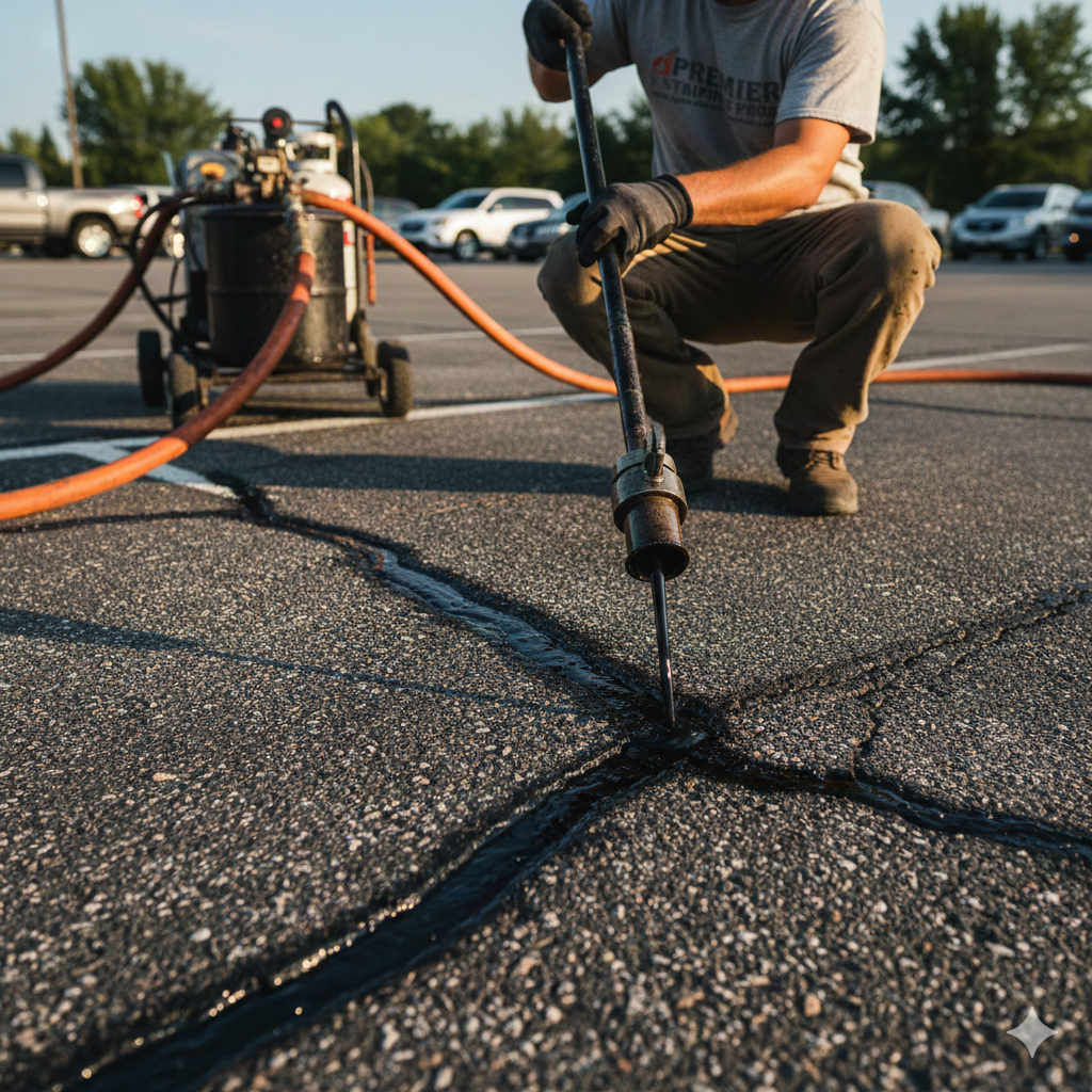 Deteriorated parking lot with cracks and faded lines before repair