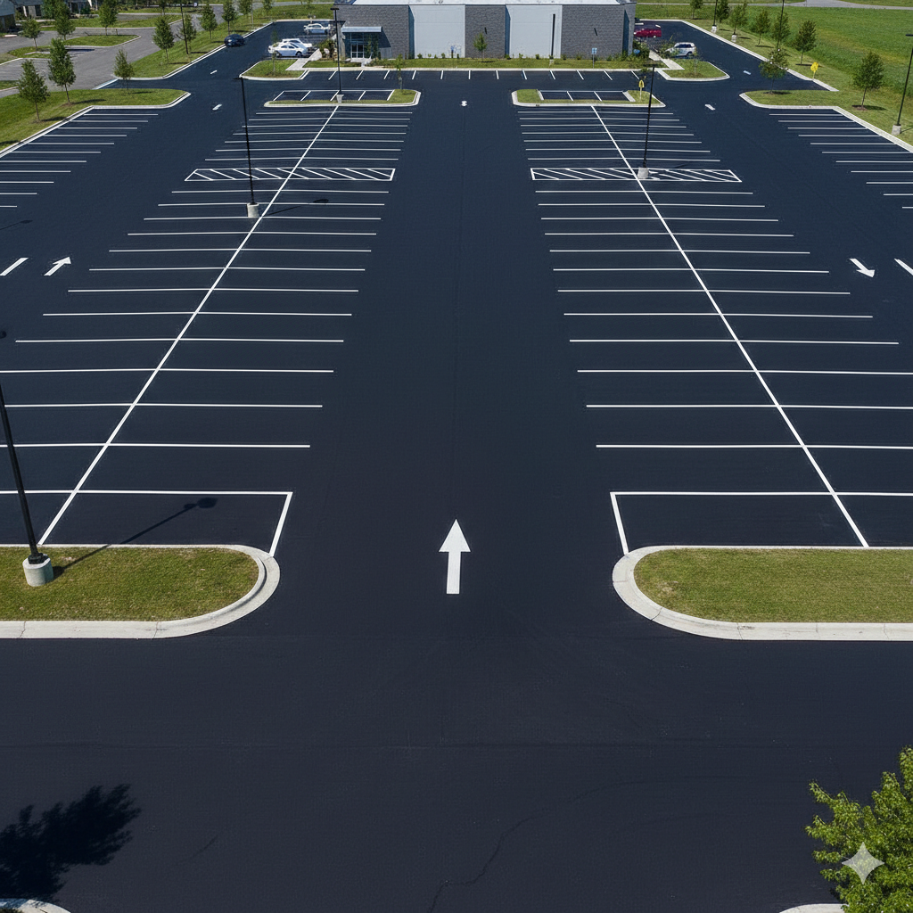 Freshly sealcoated and restriped parking lot from above