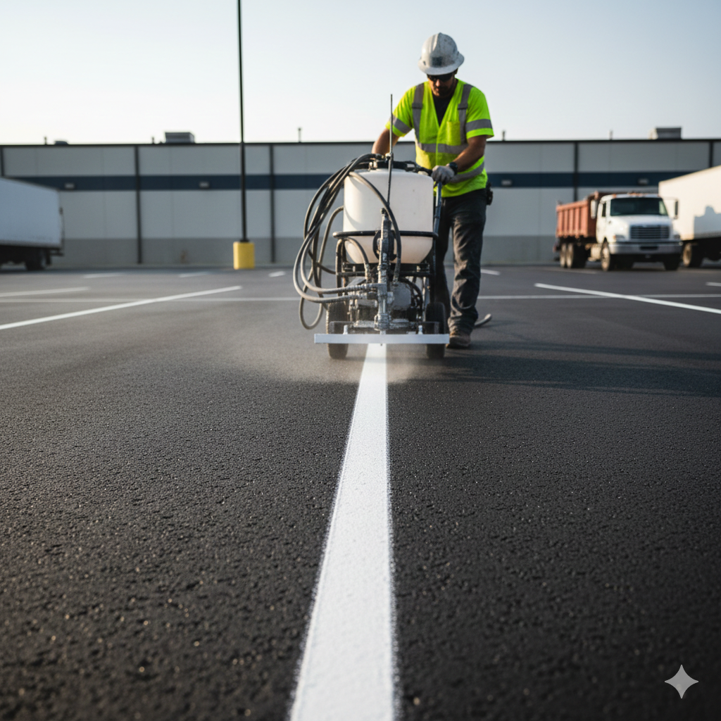 Professional line striping machine applying fresh paint