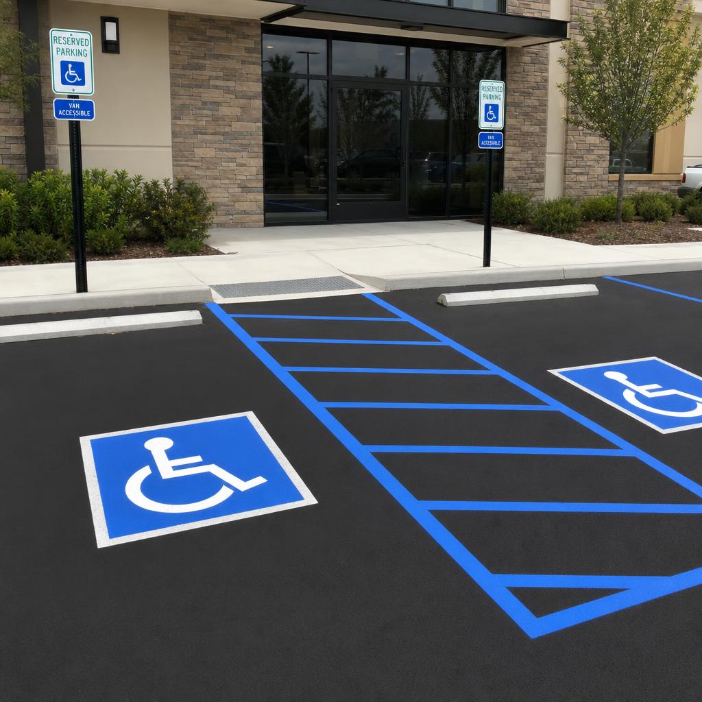 Same two spaces with blue ADA hash marks, wheelchair symbol, and Van Accessible sign