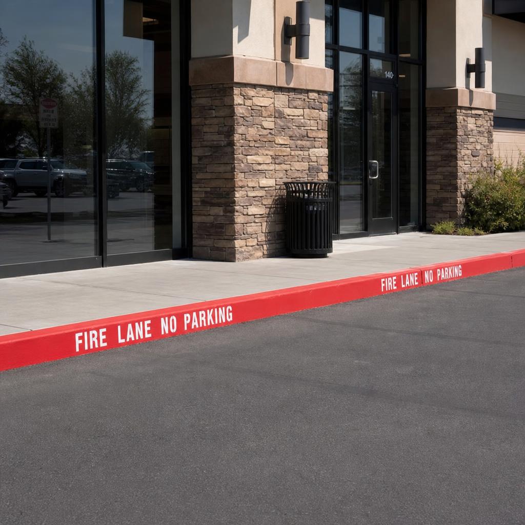 Same curb painted bright red with white FIRE LANE NO PARKING stencil text