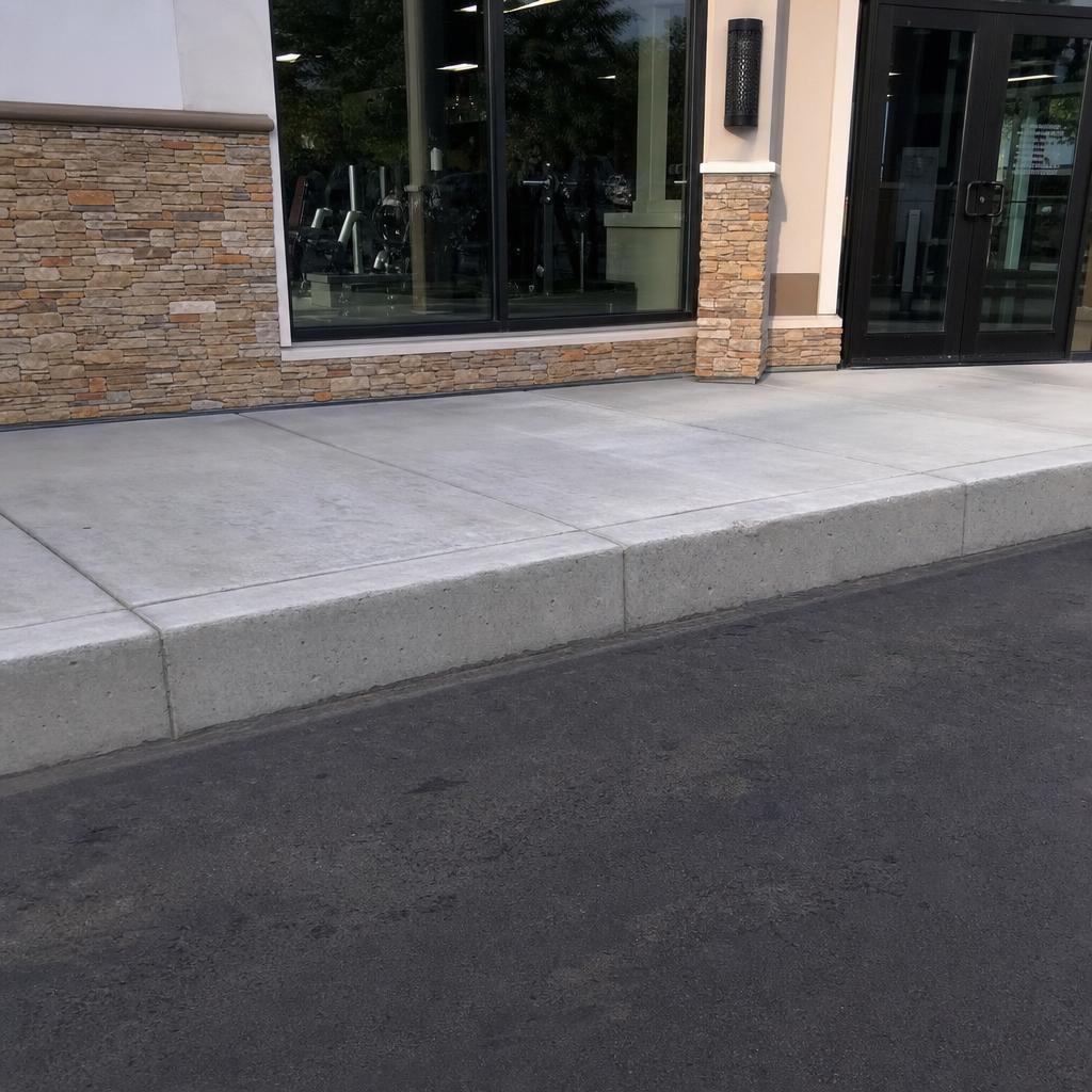 Bare plain grey concrete curb in front of commercial storefront with no markings