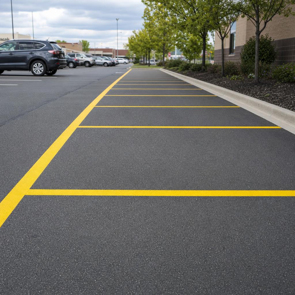 Same row of parking stalls with vivid bright-yellow freshly painted stall lines