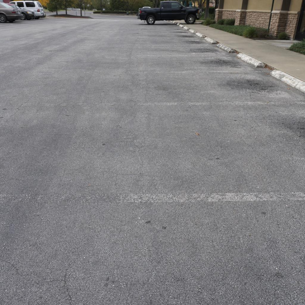 Row of parking stalls with chalky faded lines barely visible on worn grey asphalt