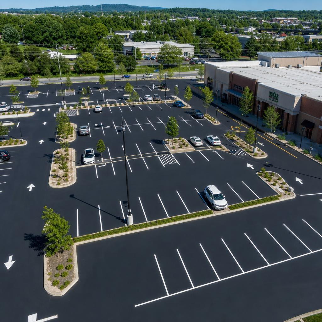 Same parking lot after sealcoating with jet-black surface and crisp white stall lines